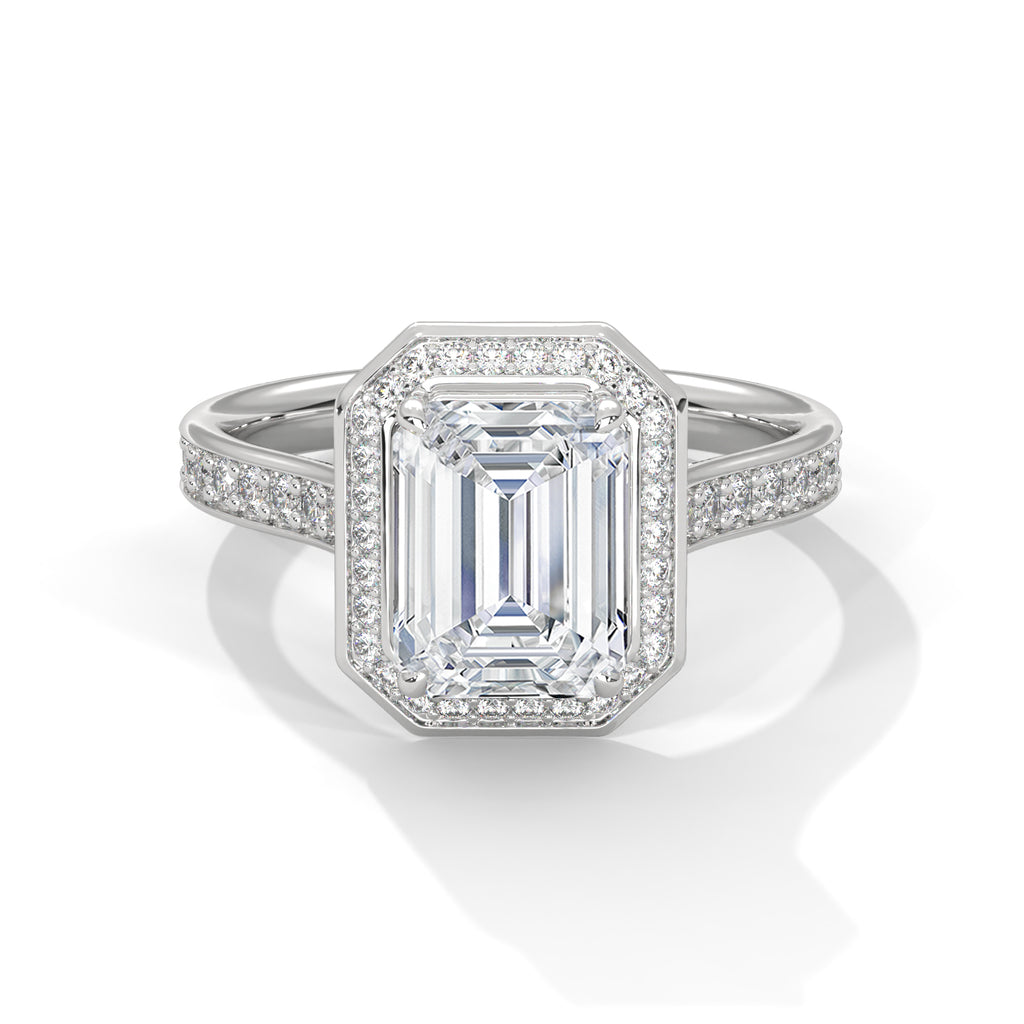 2.49 Carat Emerald Cut Halo Lab Grown Diamond Cathedral Ring