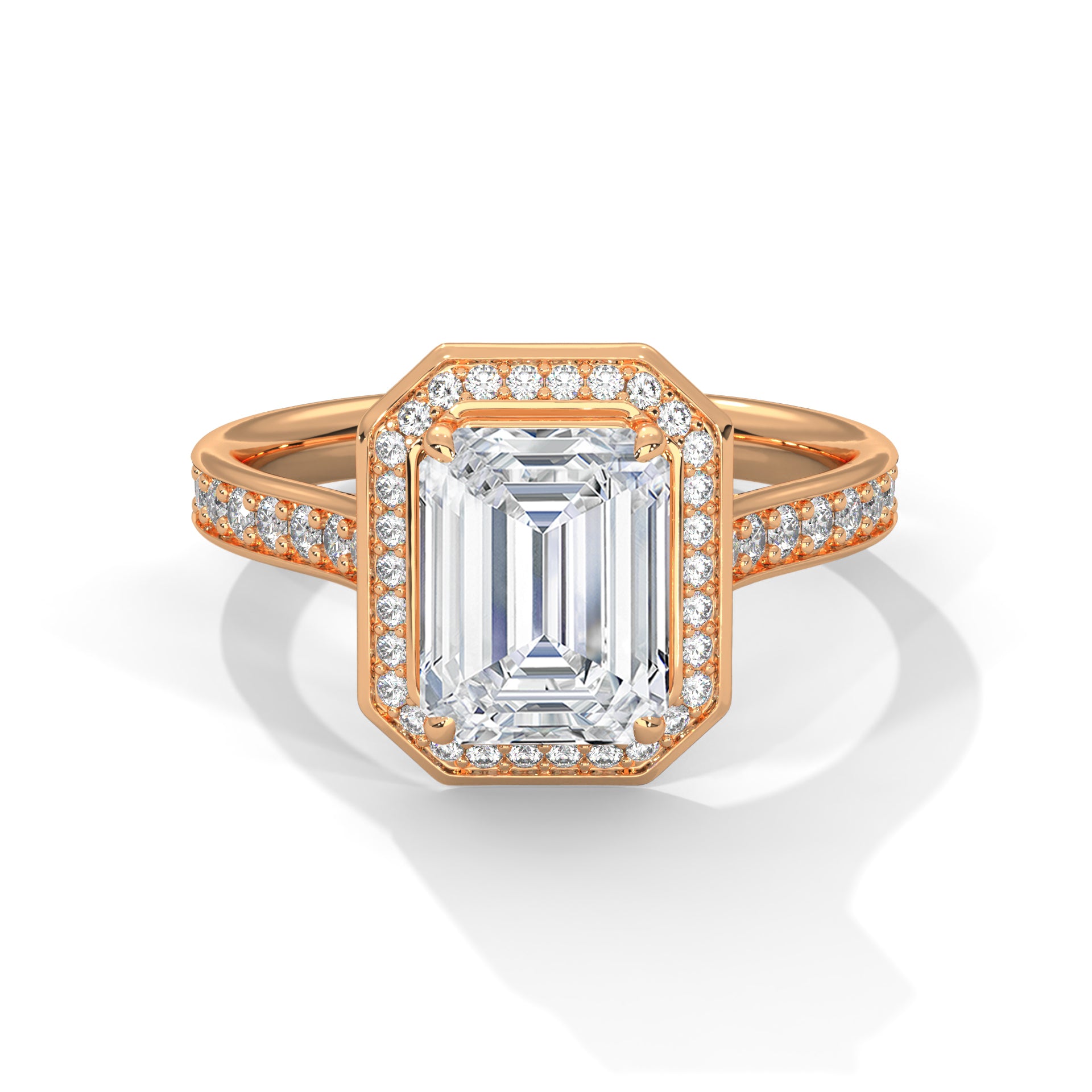 2.49 carat emerald cut halo lab-grown diamond cathedral ring in rose gold.