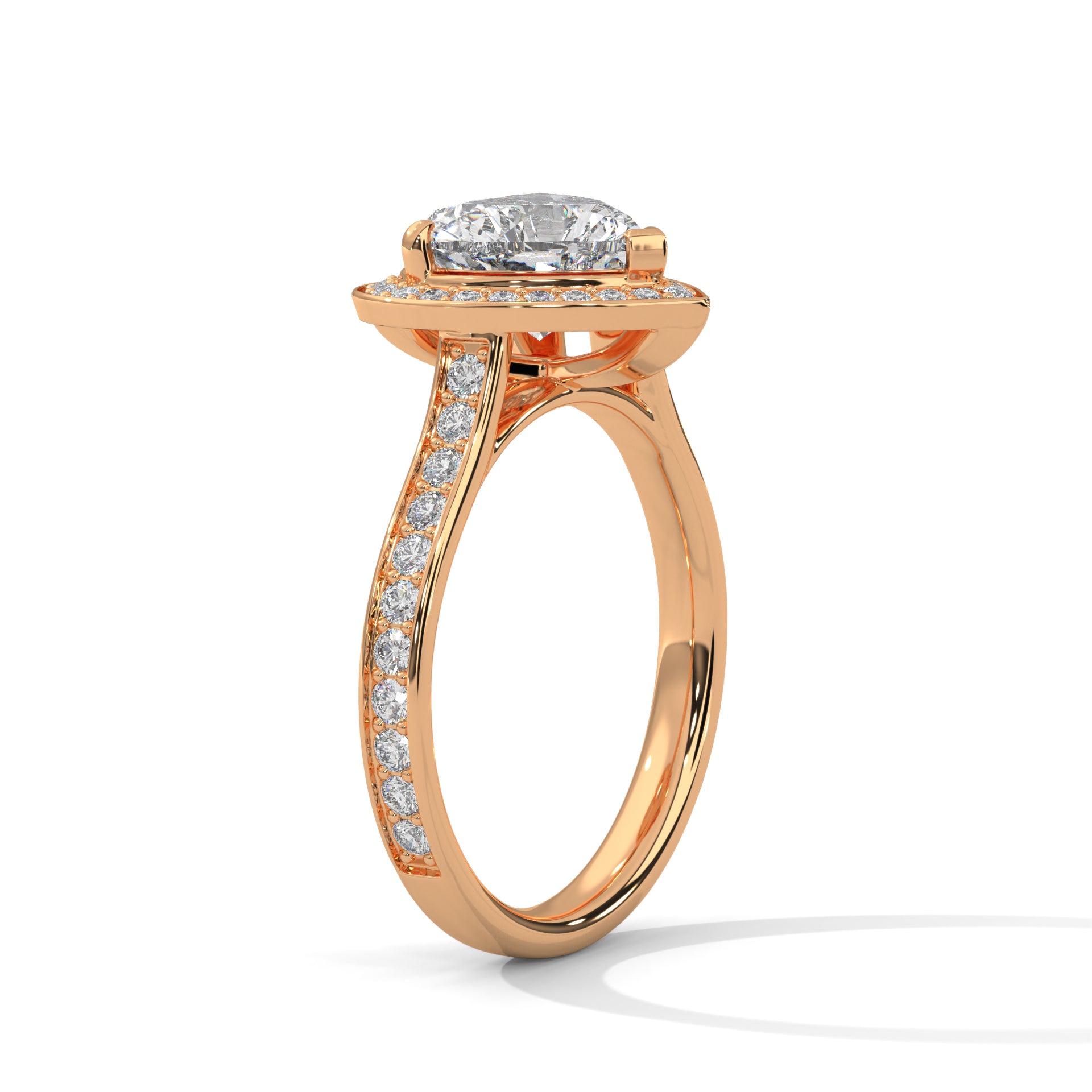 Heart-cut lab-created diamond halo engagement ring with accent stones in a 14kt rose gold band.