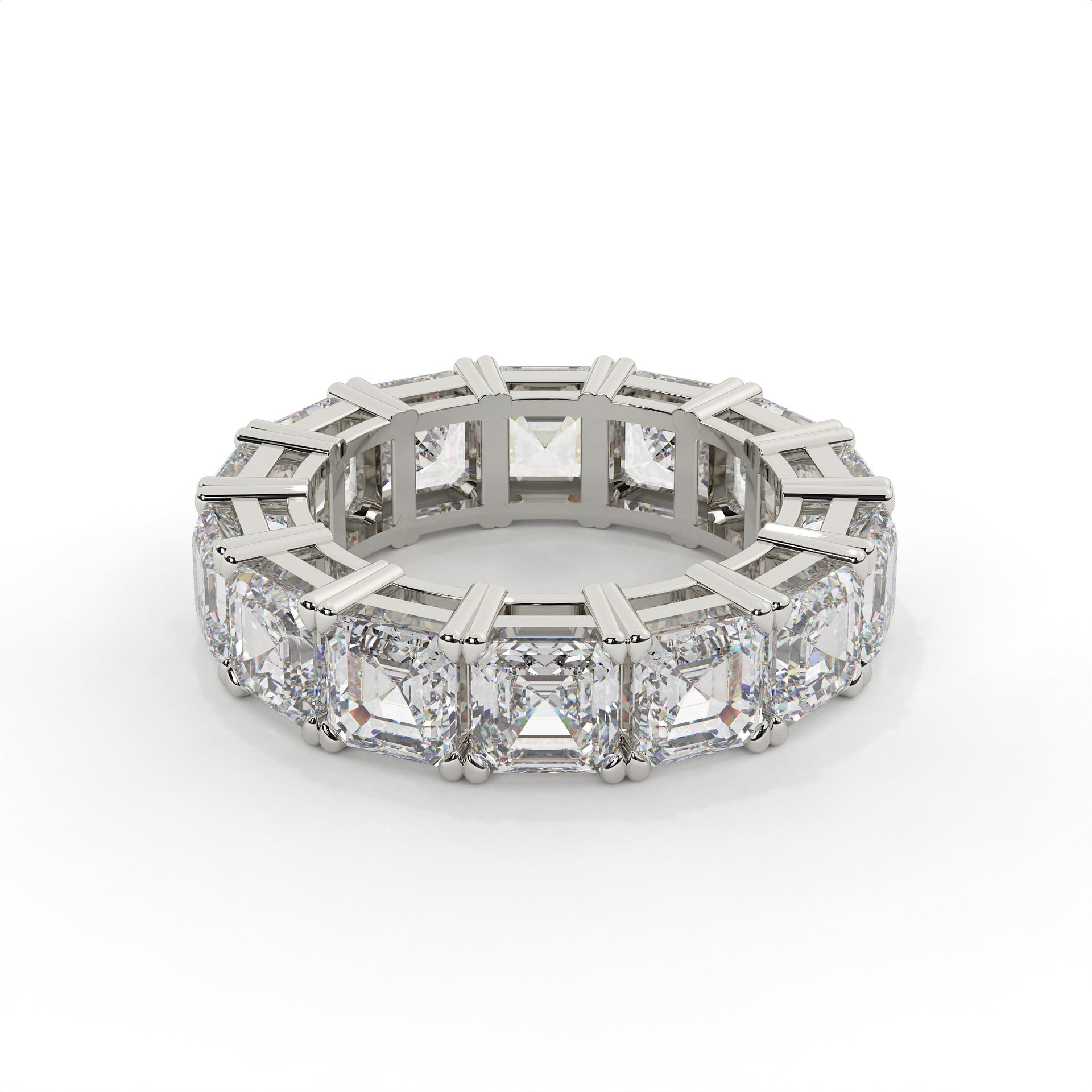 Diamond ring with a geometric design on a white background