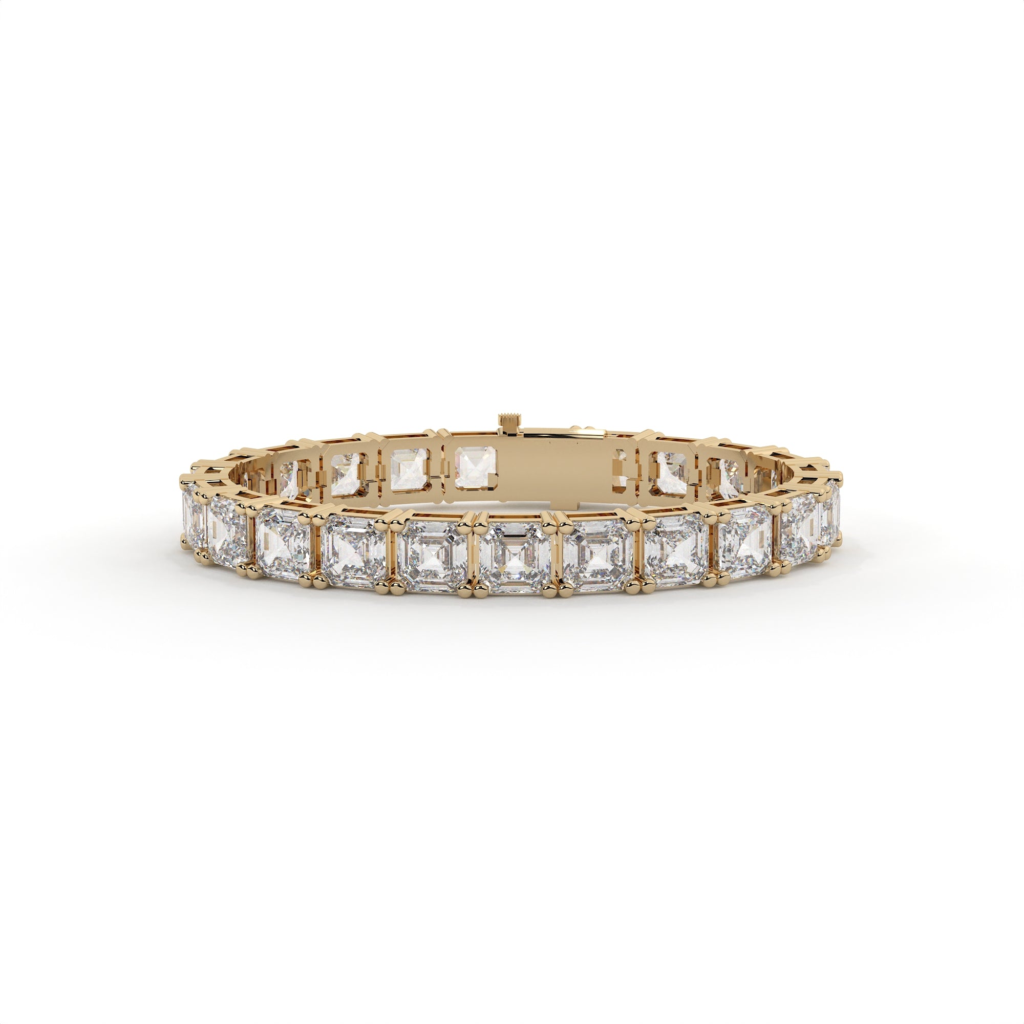 Gold bracelet with square-cut diamonds on a white background