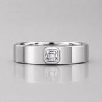 Asscher cut lab grown diamond solitaire engagement ring for men featuring a polished white gold band and a centered Asscher diamond in a sleek bezel-style setting.