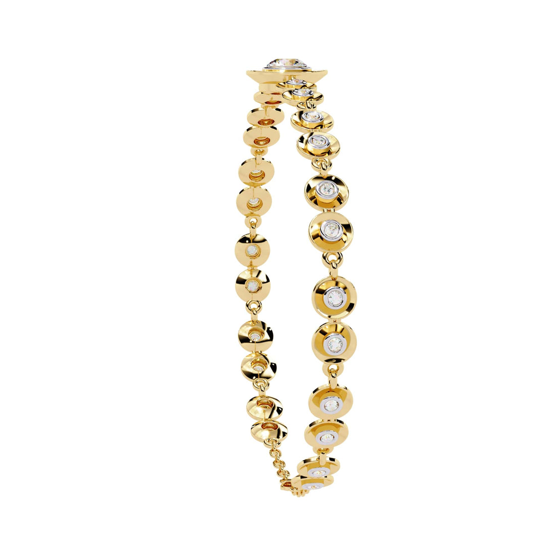 Gold bracelet with embedded diamonds on a white background