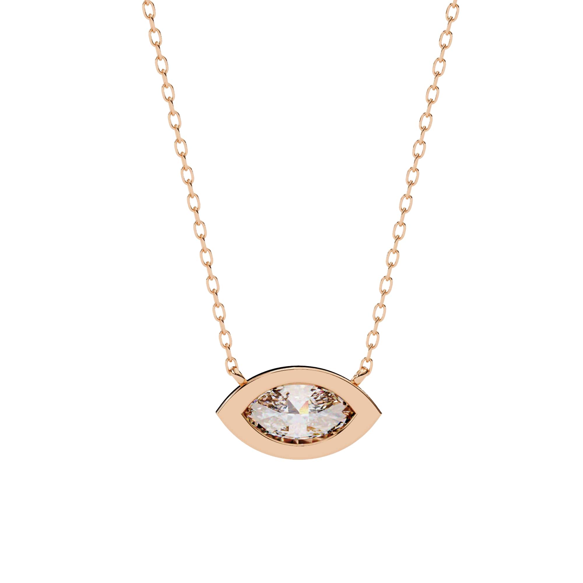 Rose gold necklace with a diamond-shaped pendant on a white background