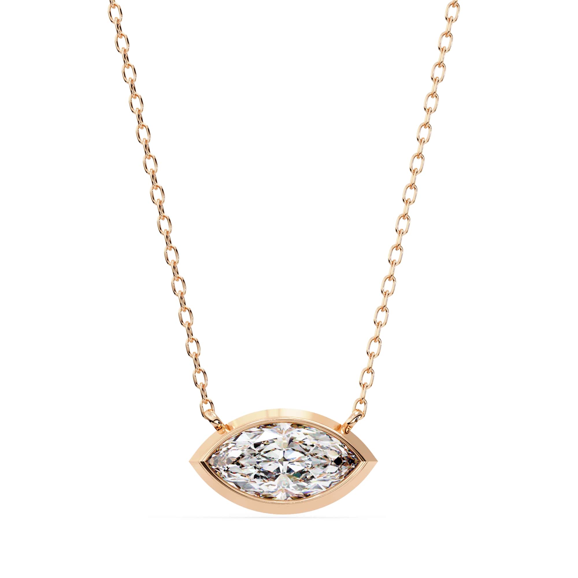 Rose gold necklace with a diamond pendant on a white background