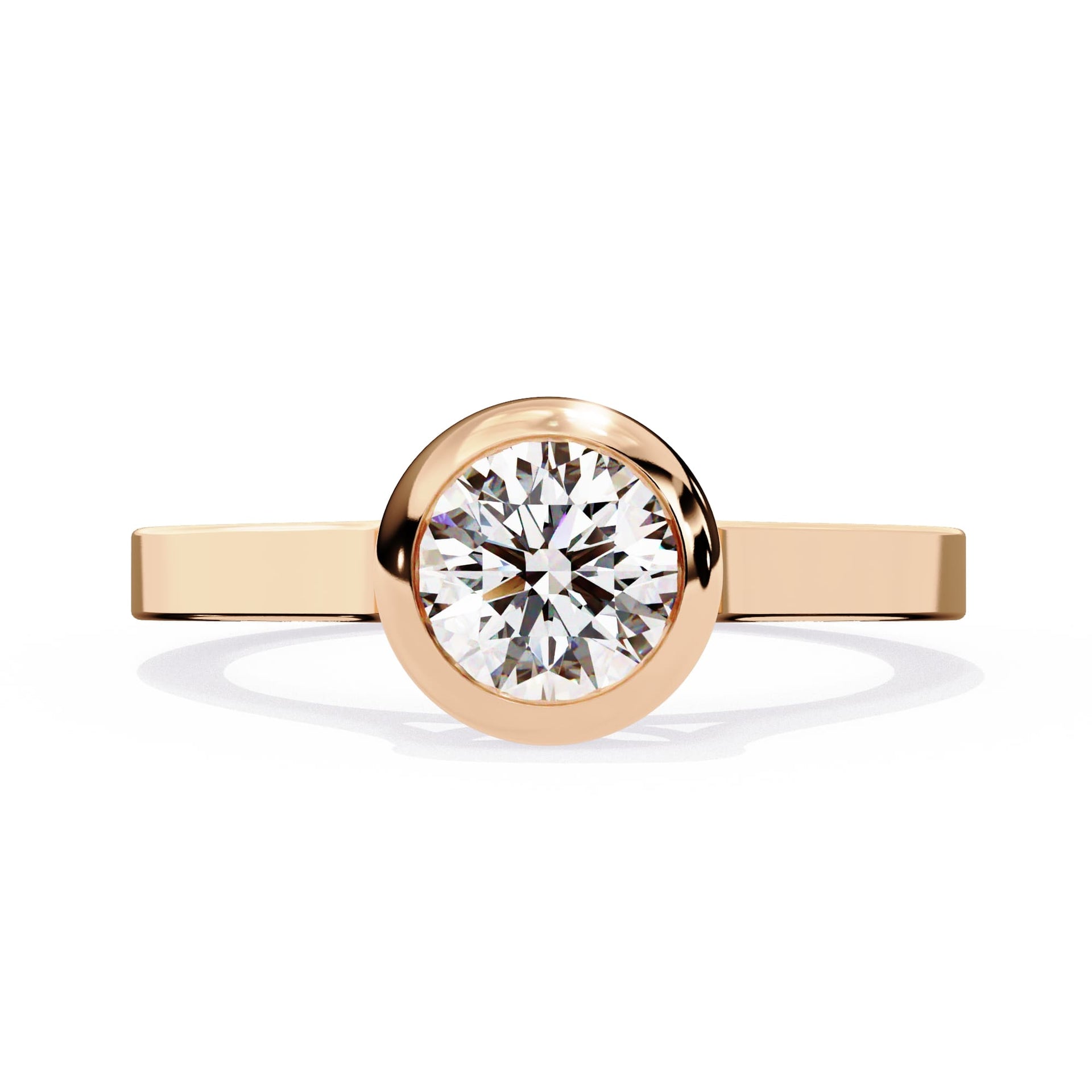 Rose gold ring with a diamond on a white background