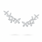Silver-toned leaf cluster stud earrings set with clear marquise and round-cut gemstones, arranged in two separate pieces on a white background.