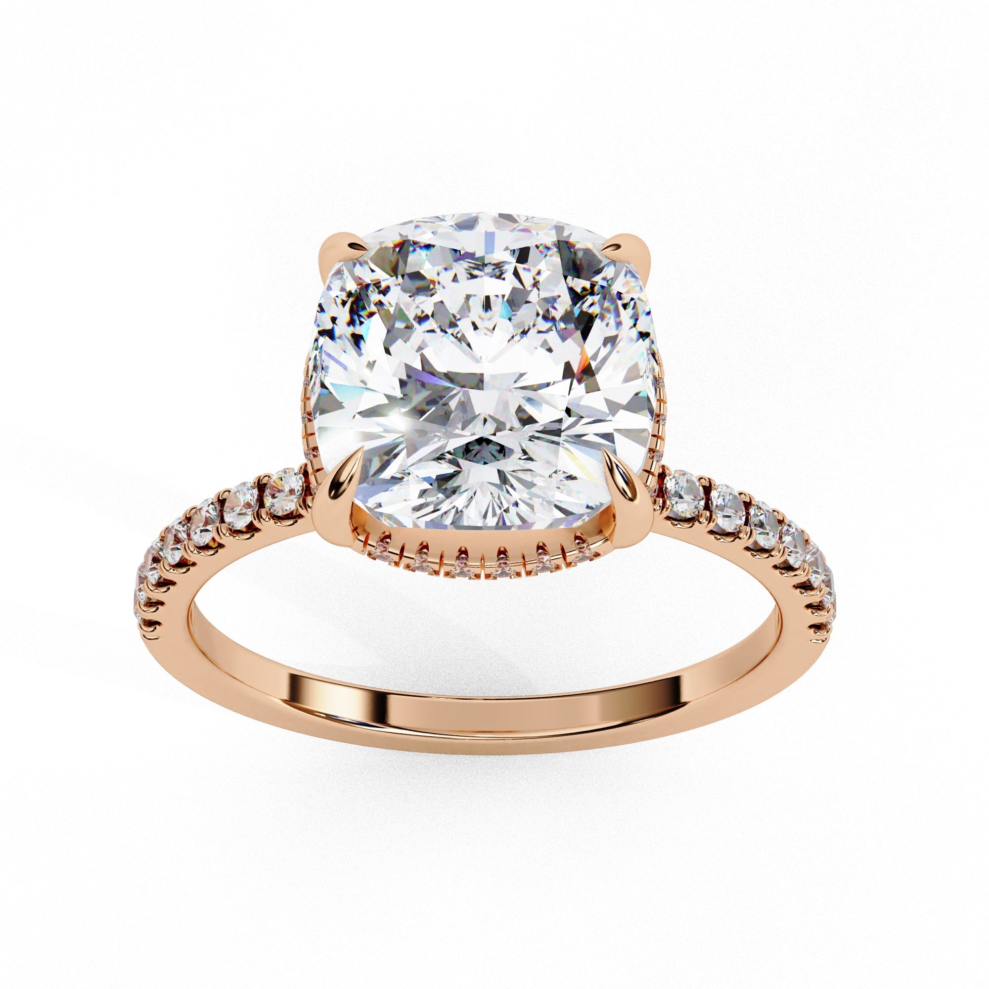 18kt rose gold hidden halo ring with a 3.53 carat lab-grown cushion diamond hidden halo engagement ring.