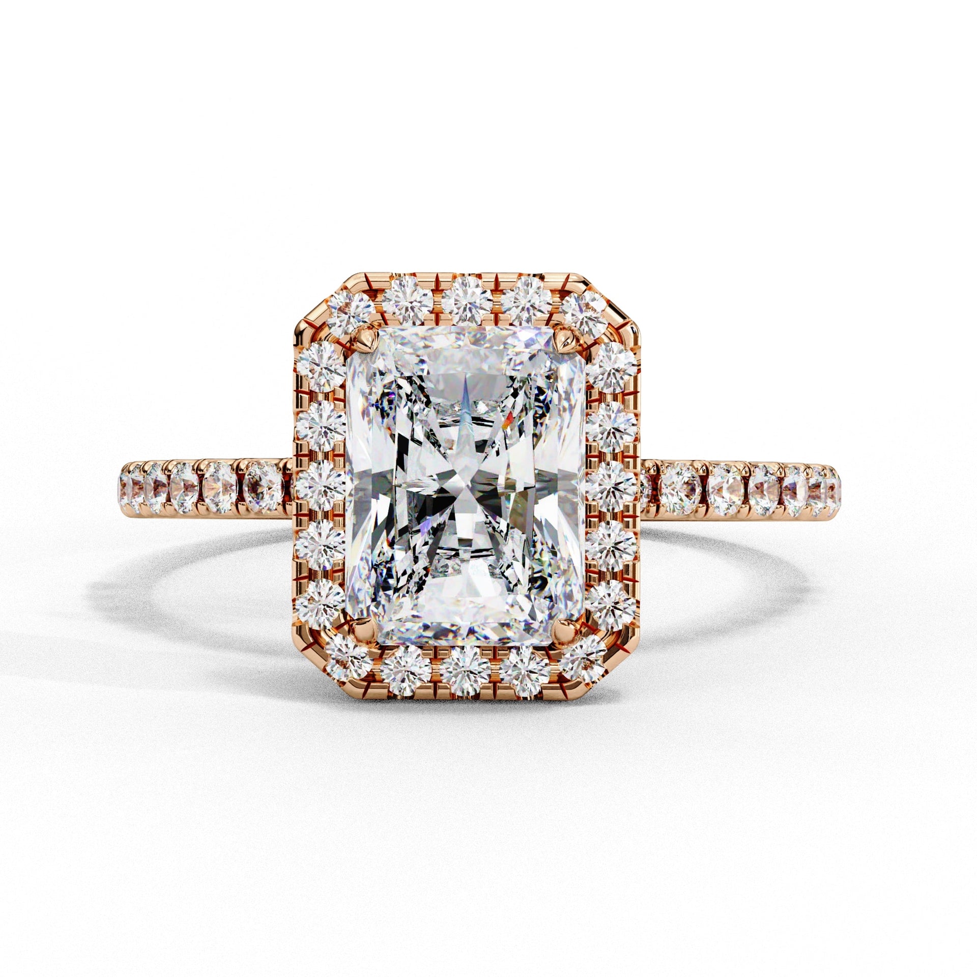 2.92 carat luxury radiant cut lab-grown halo diamond ring in 18kt gold.