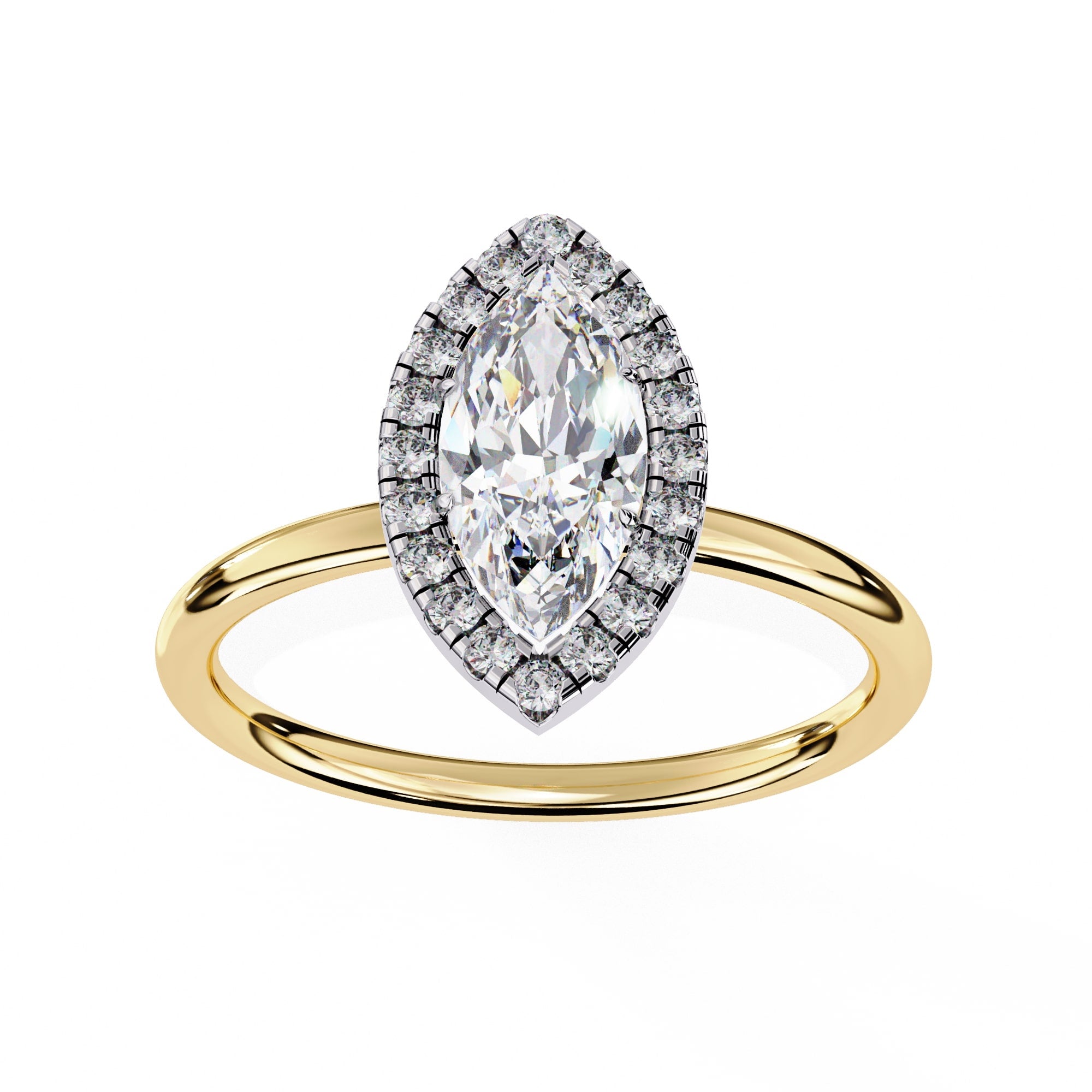 EF color and VVS clarity marquise-cut lab-grown diamond halo engagement ring for woman.