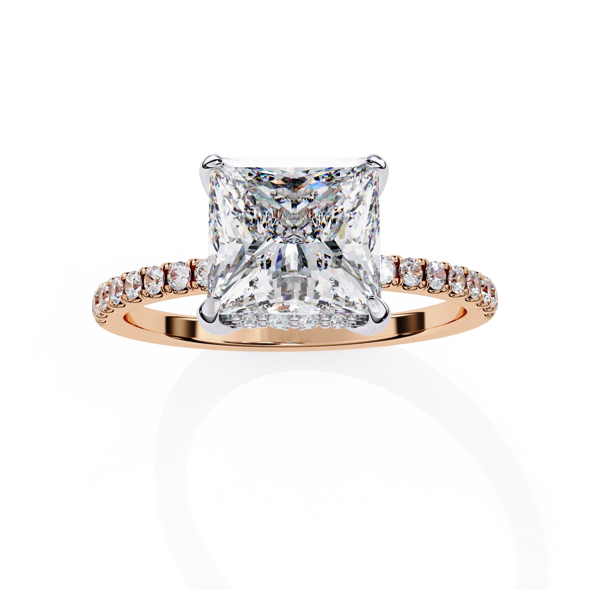 2.54 carat princess cut lab-grown diamond ring with hidden halo setting a rose gold metal.