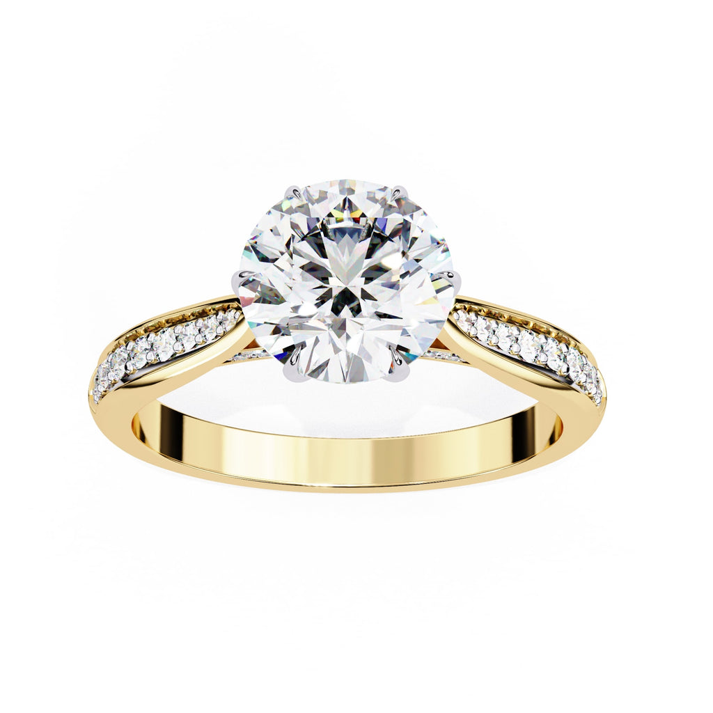 Gold ring with a large diamond and smaller diamonds on the band against a white background