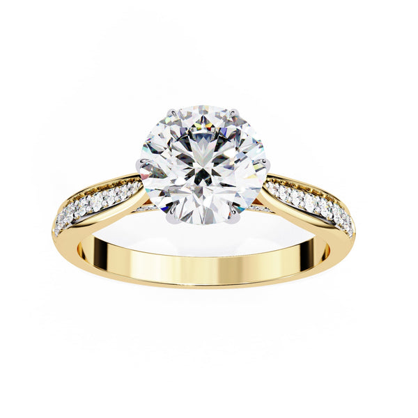 Gold ring with a large diamond and smaller diamonds on the band against a white background