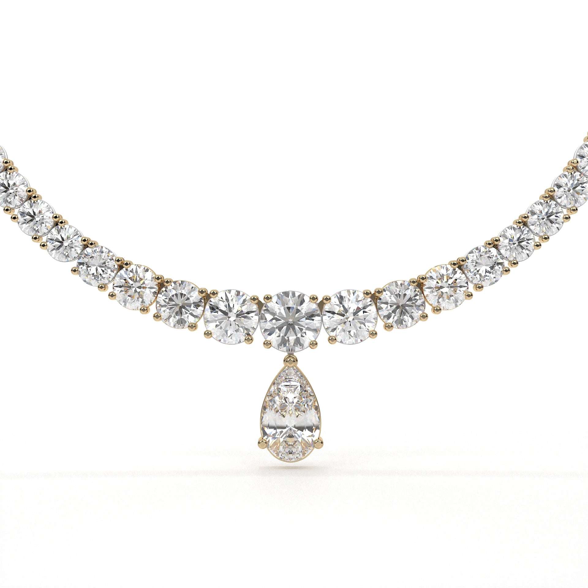 Diamond necklace with a teardrop pendant on a white background