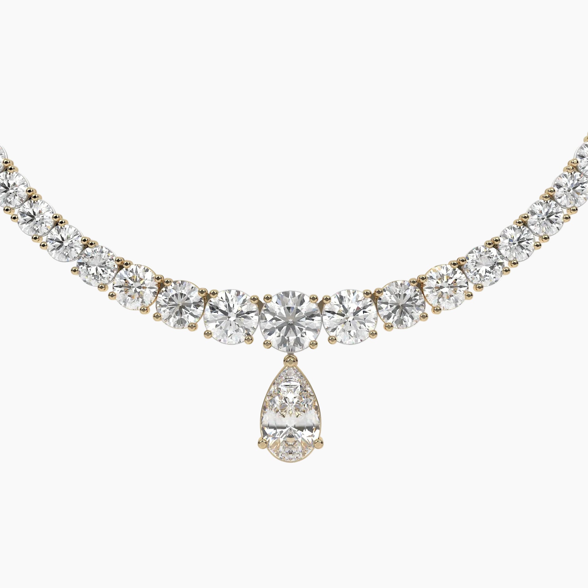Diamond necklace with a teardrop pendant on a white background