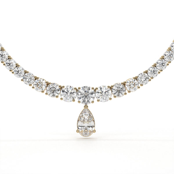 Diamond necklace with a teardrop pendant on a white background