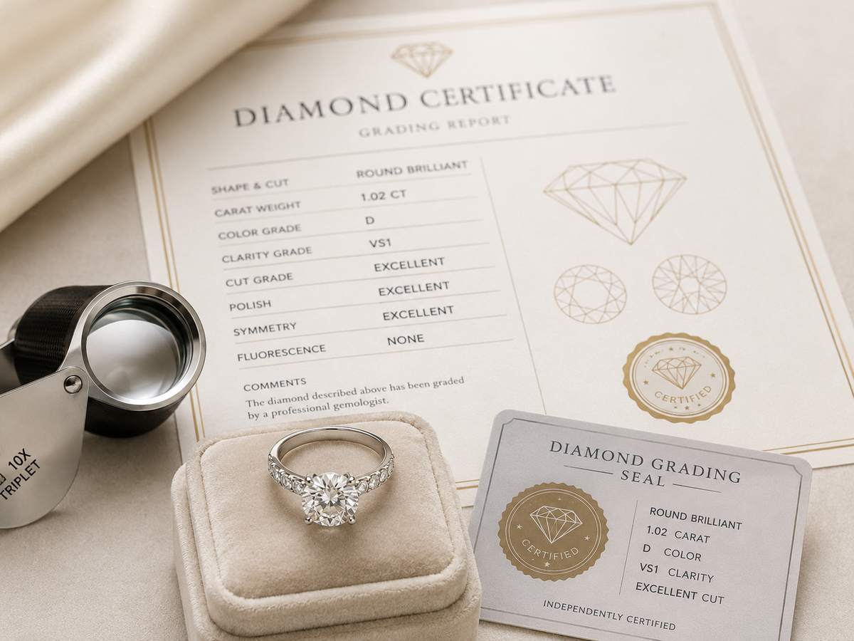 Diamond ring in a box with a diamond grading certificate and loupe on a light background