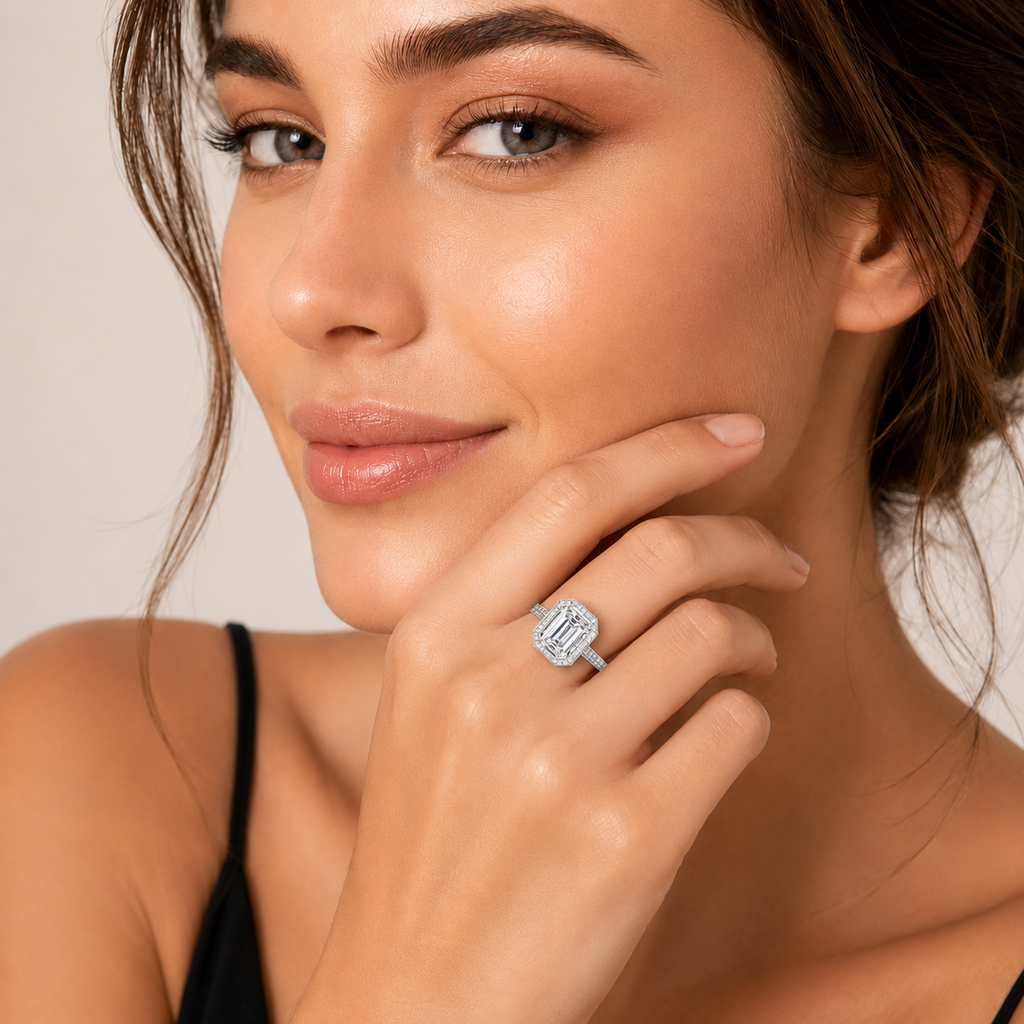 2.49 Carat Emerald Cut Halo Lab Grown Diamond Cathedral Ring