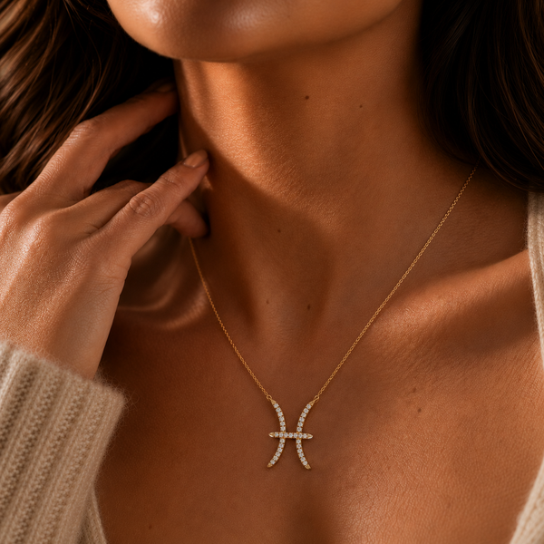 0.91 Carat Pisces Zodiac Round Diamond Pendant With Gold Chain