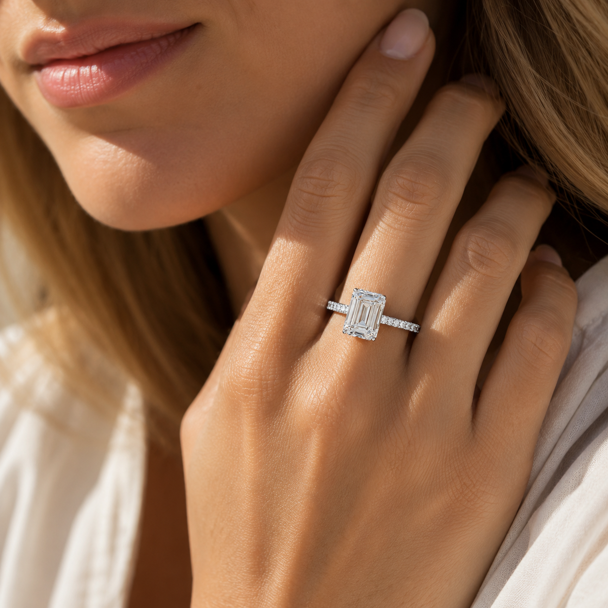 2.8 Carat Emerald Cut Lab Diamond Hidden Halo Engagement Ring