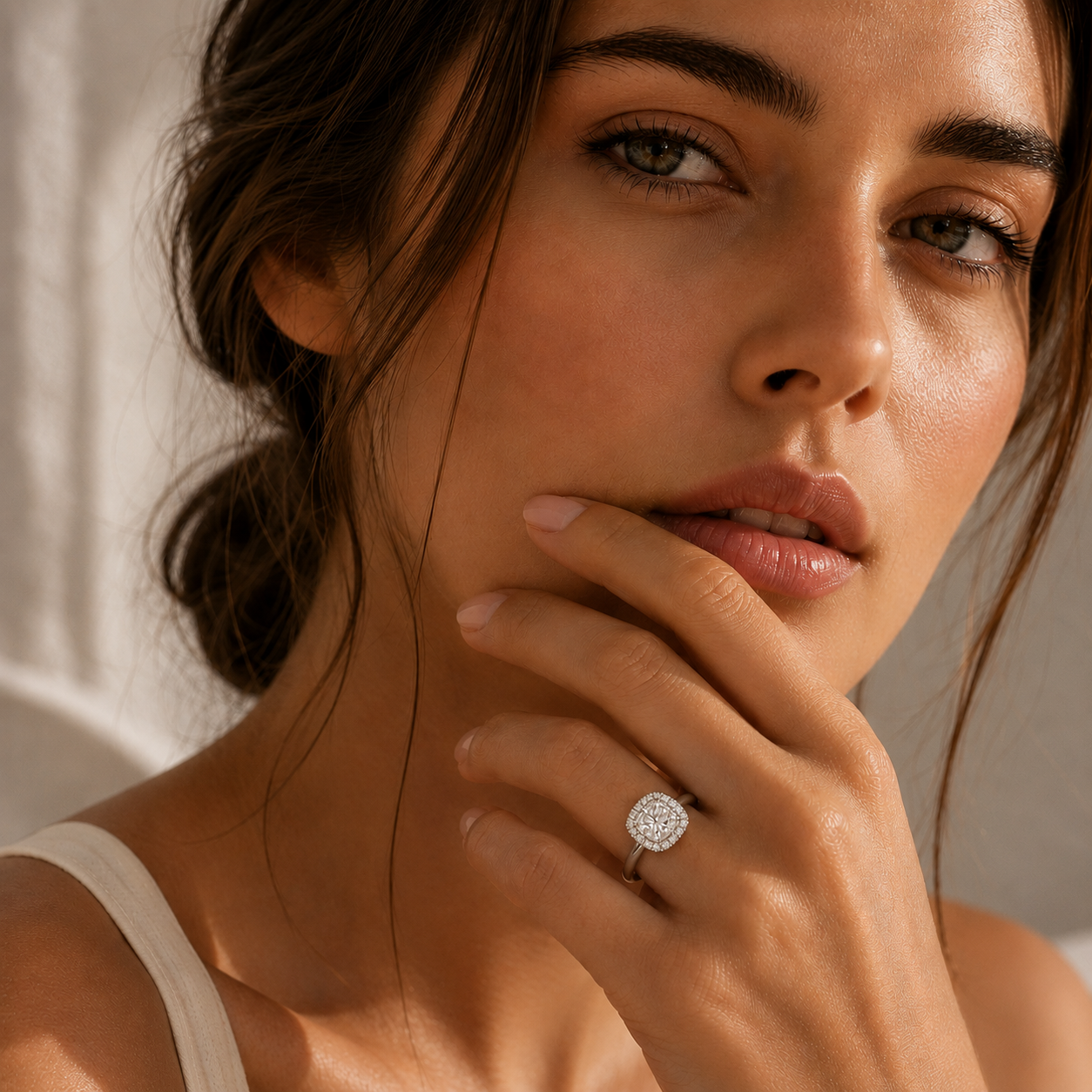 A woman wore a 1.91 carat cushion-cut lab-grown diamond halo engagement ring on her finger.