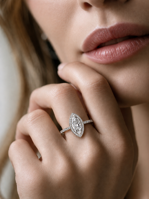 .98 Carat Lab Created Marquise Cut Diamond Halo Engagement Ring