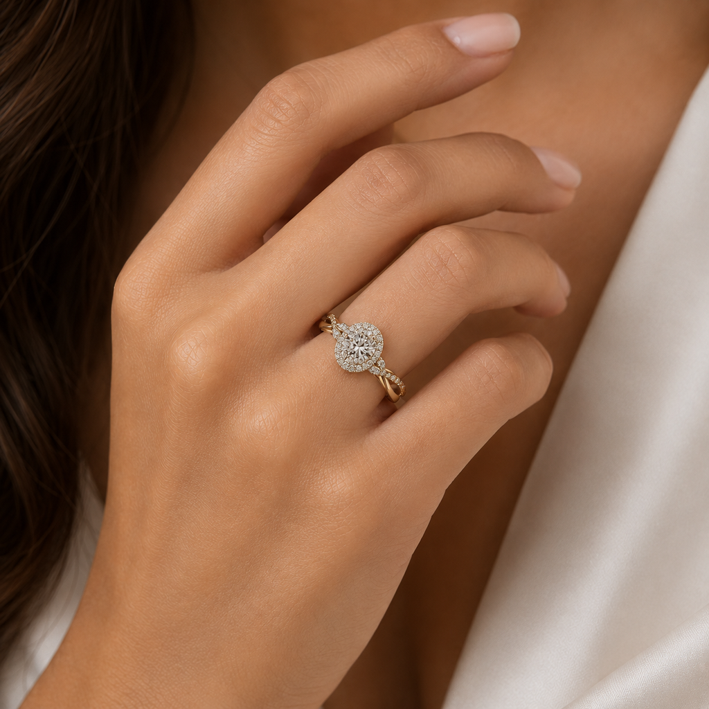 1 Carat Oval Cut Lab Grown Diamond Criss Cross Halo Ring