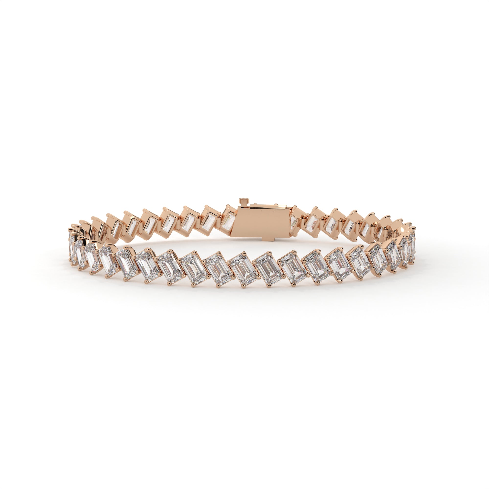 Rose gold bracelet with baguette diamonds on a white background