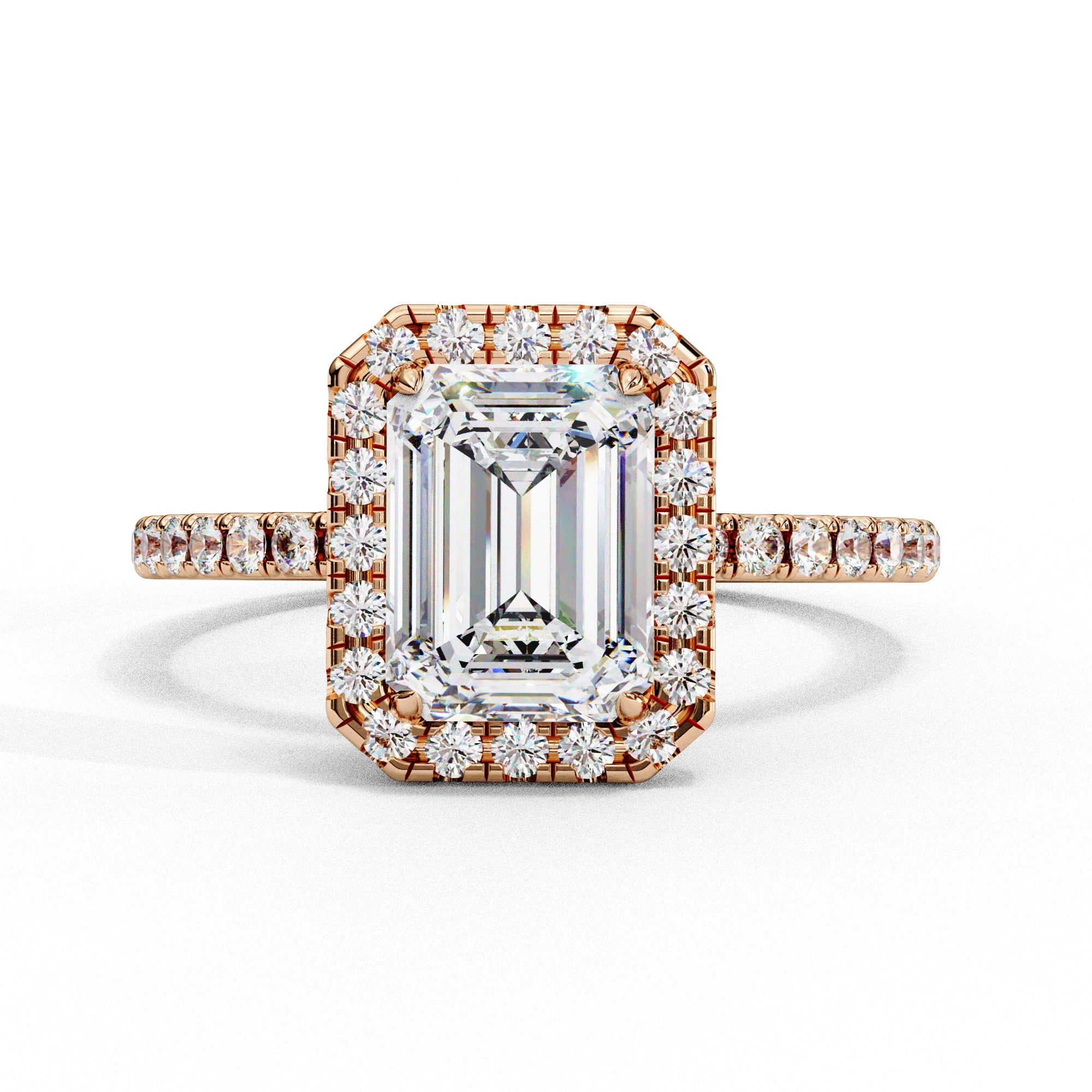 Diamond ring with rose gold setting on a white background