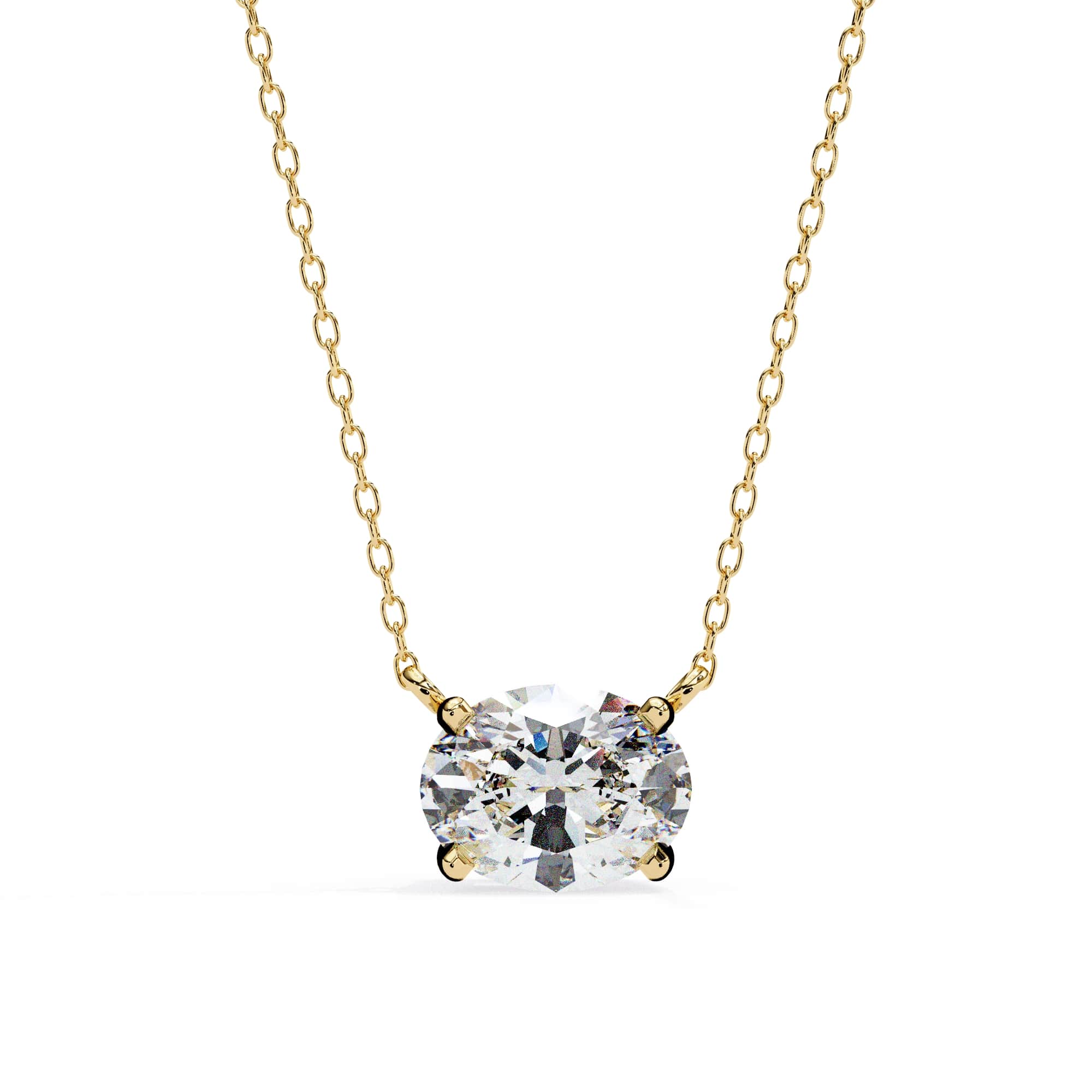 Gold necklace with a clear gemstone on a white background