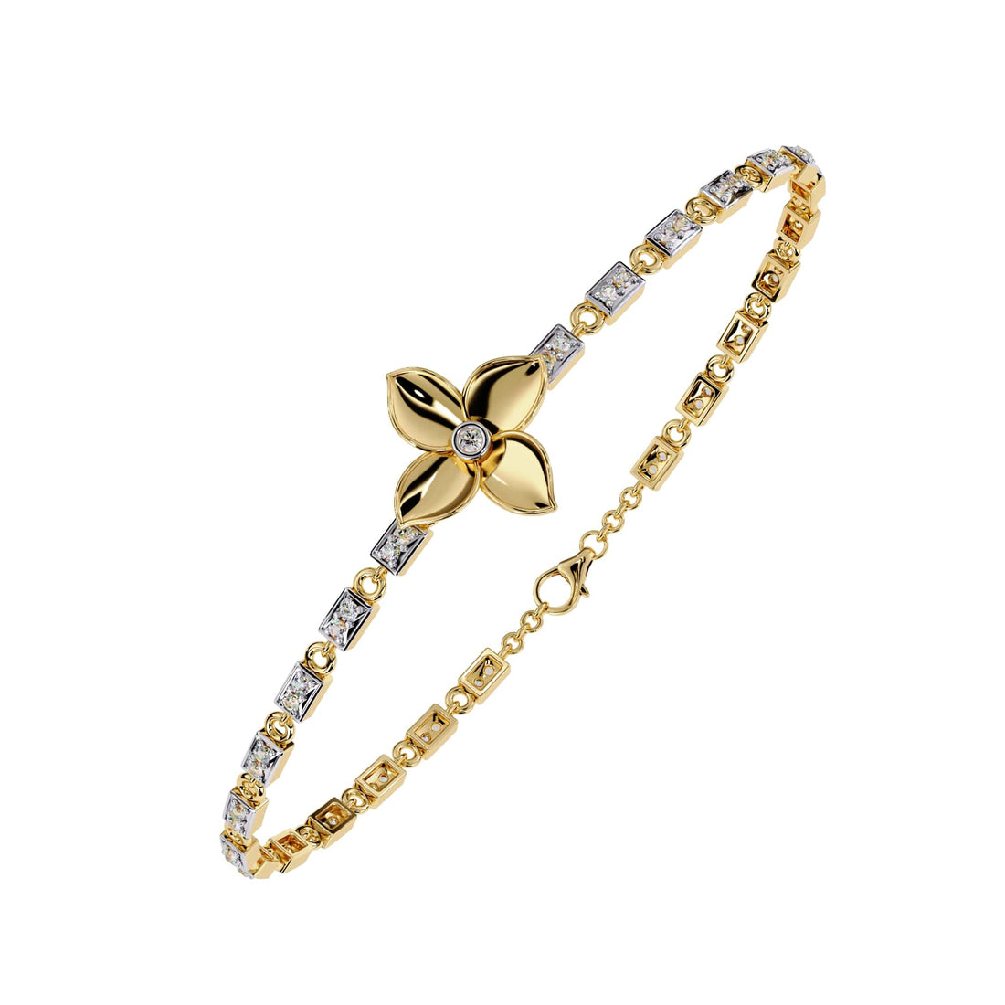 Gold bracelet with a floral clasp on a white background