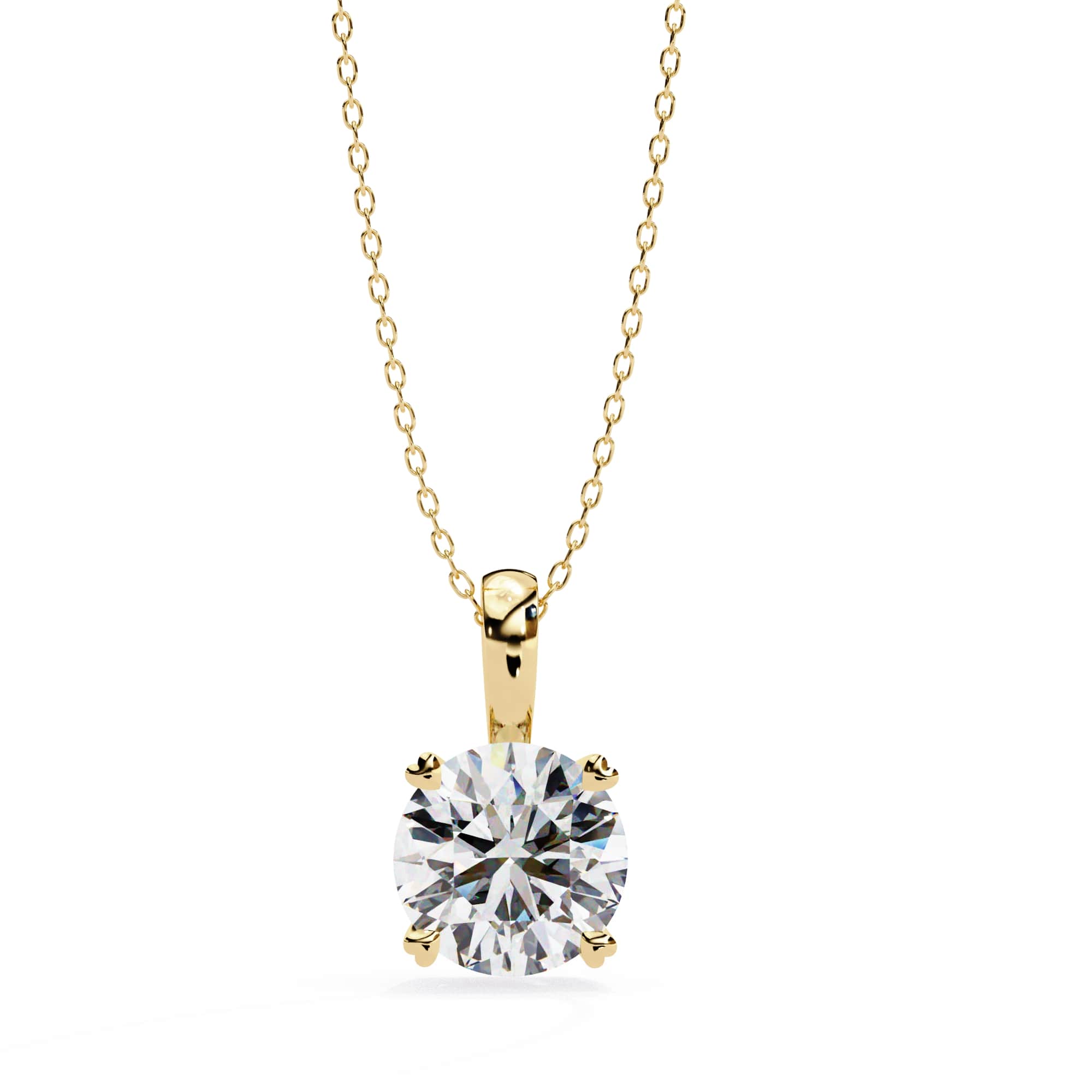Gold necklace with a round diamond pendant on a white background