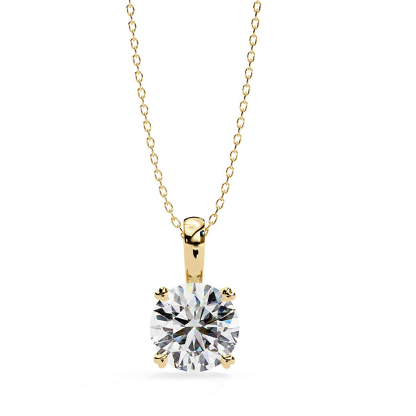 Gold necklace with a round diamond pendant on a white background