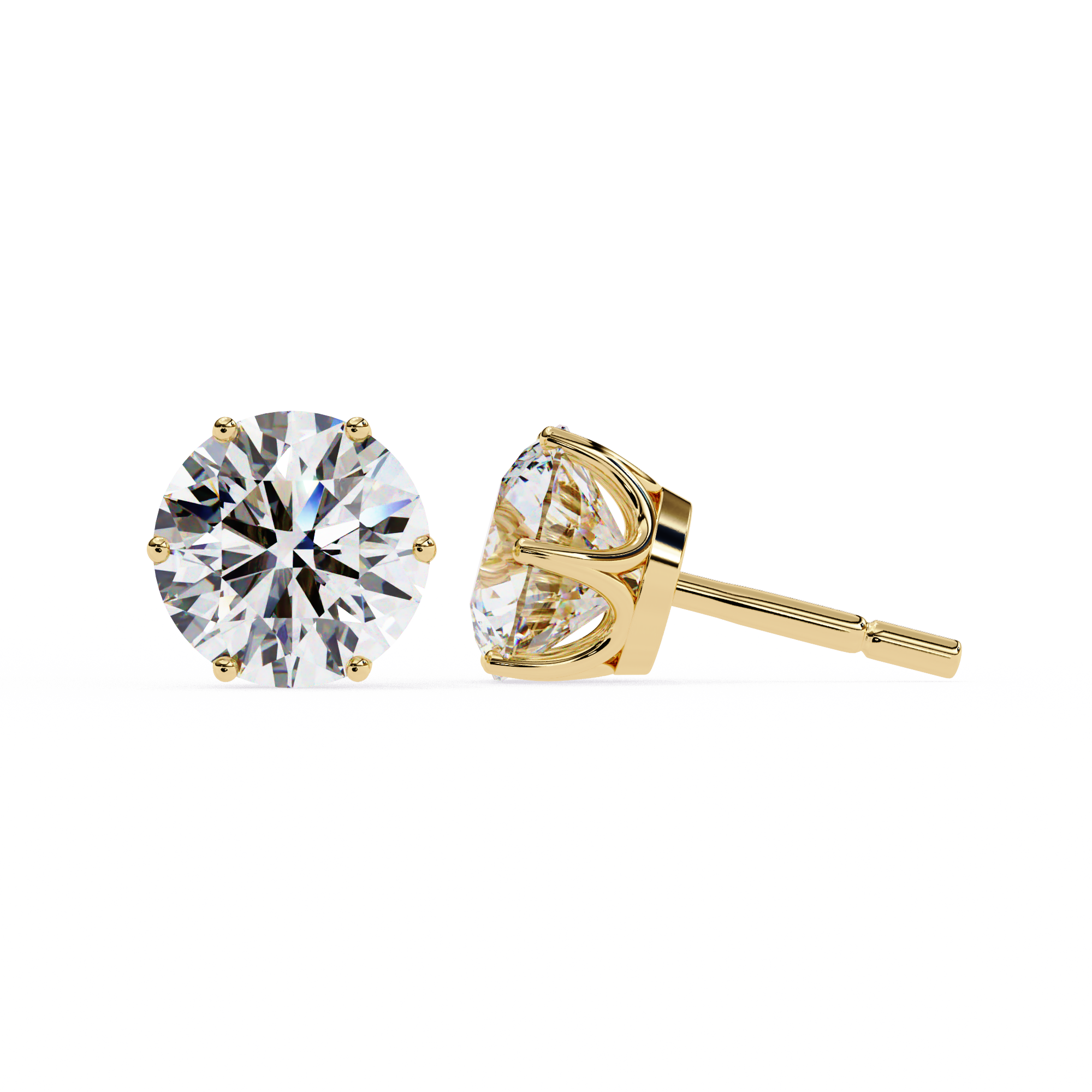 Gold stud earrings with clear gemstones on a white background