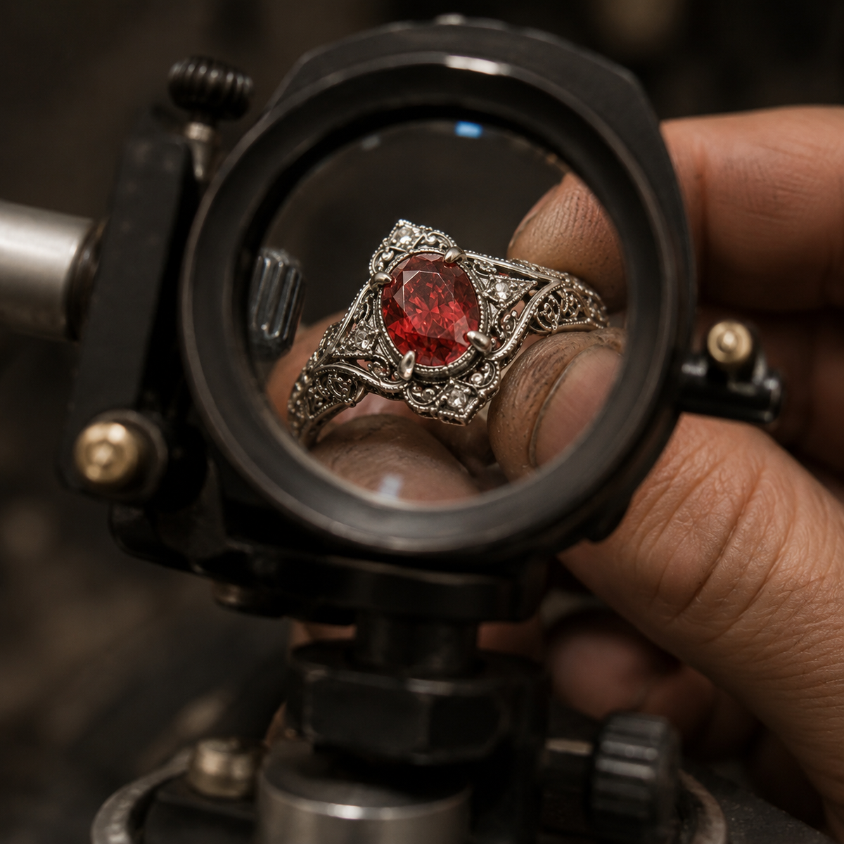 Close-up of a ring with a red gemstone held under a magnifying glass.