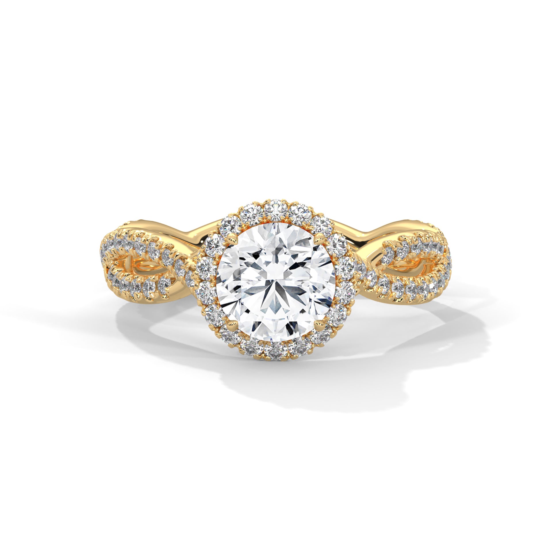 Gold ring with a large diamond on a white background