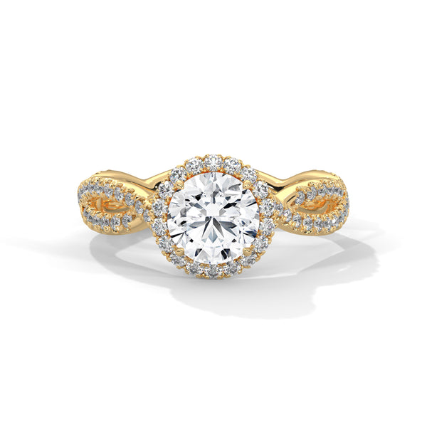 Gold ring with a large diamond on a white background