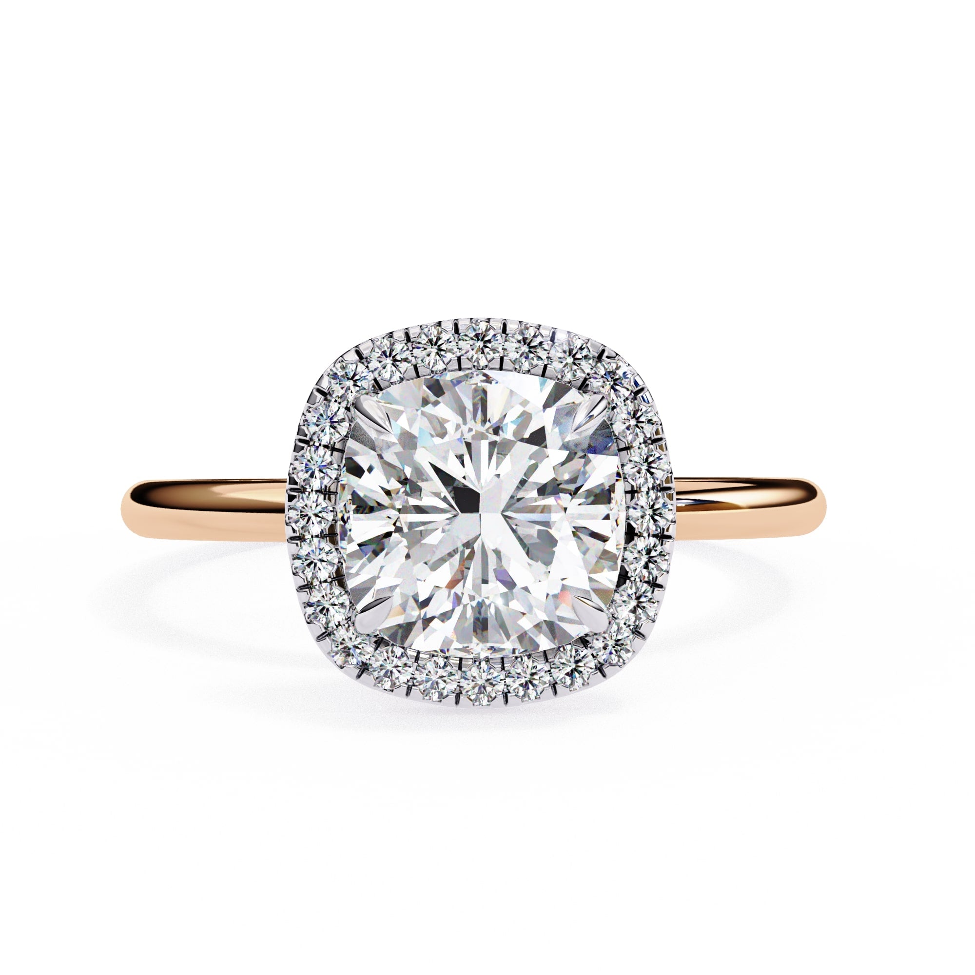 Diamond ring with a rose gold band on a white background