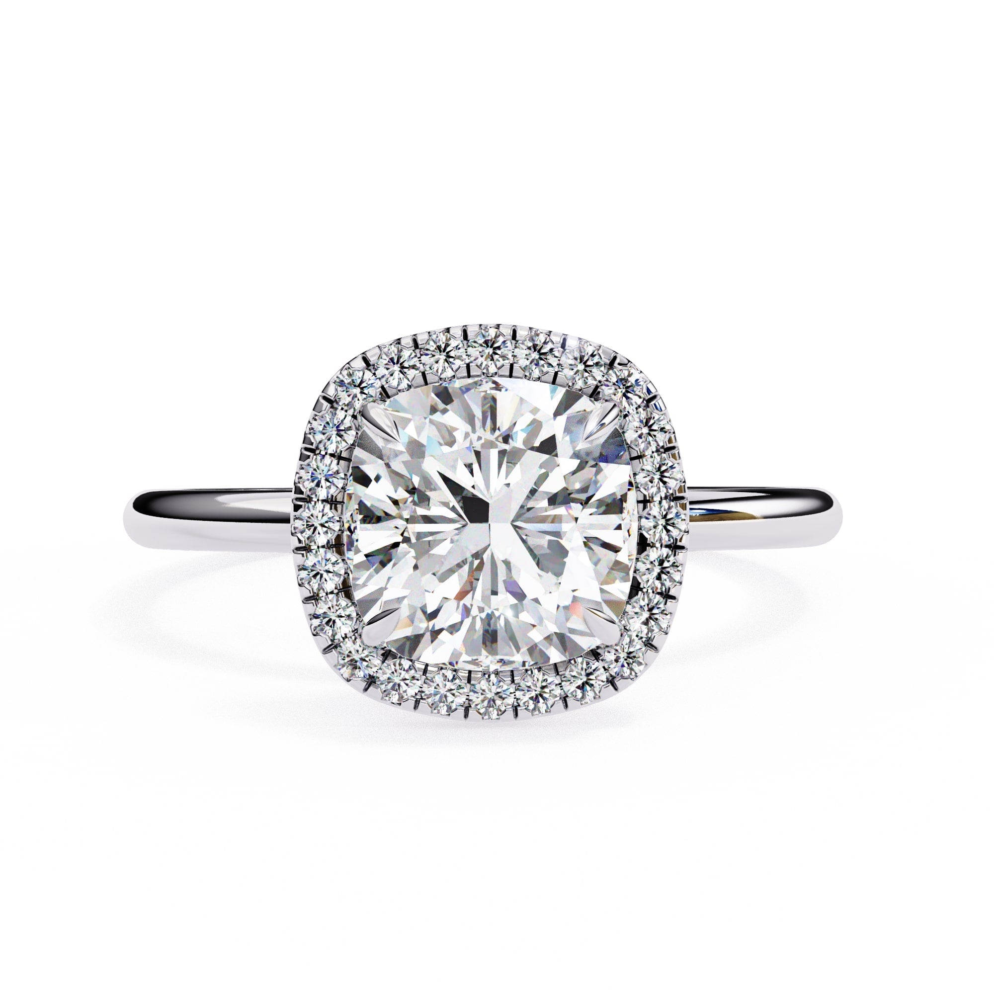 Diamond ring with a halo on a white background