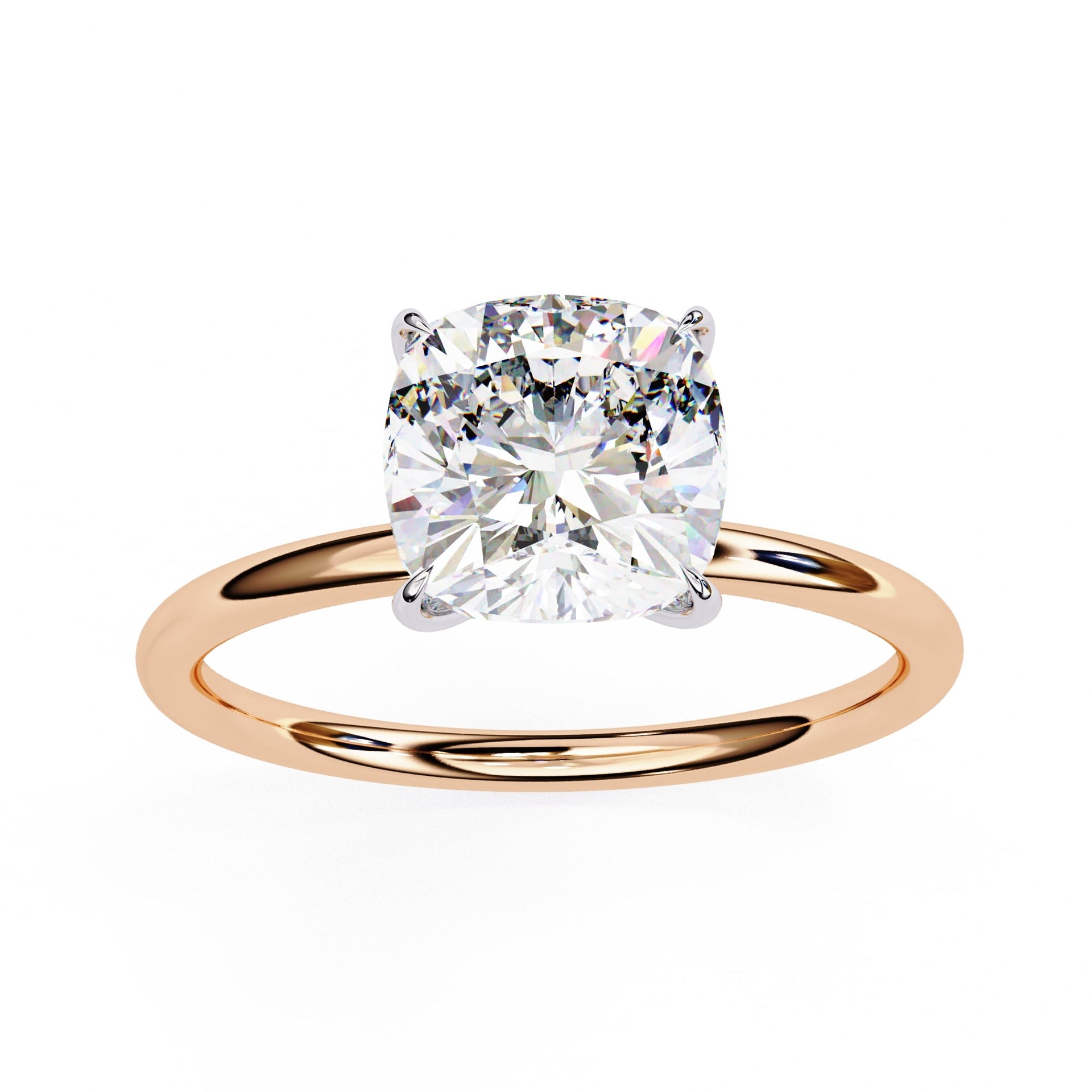 Rose gold ring with a large diamond on a white background
