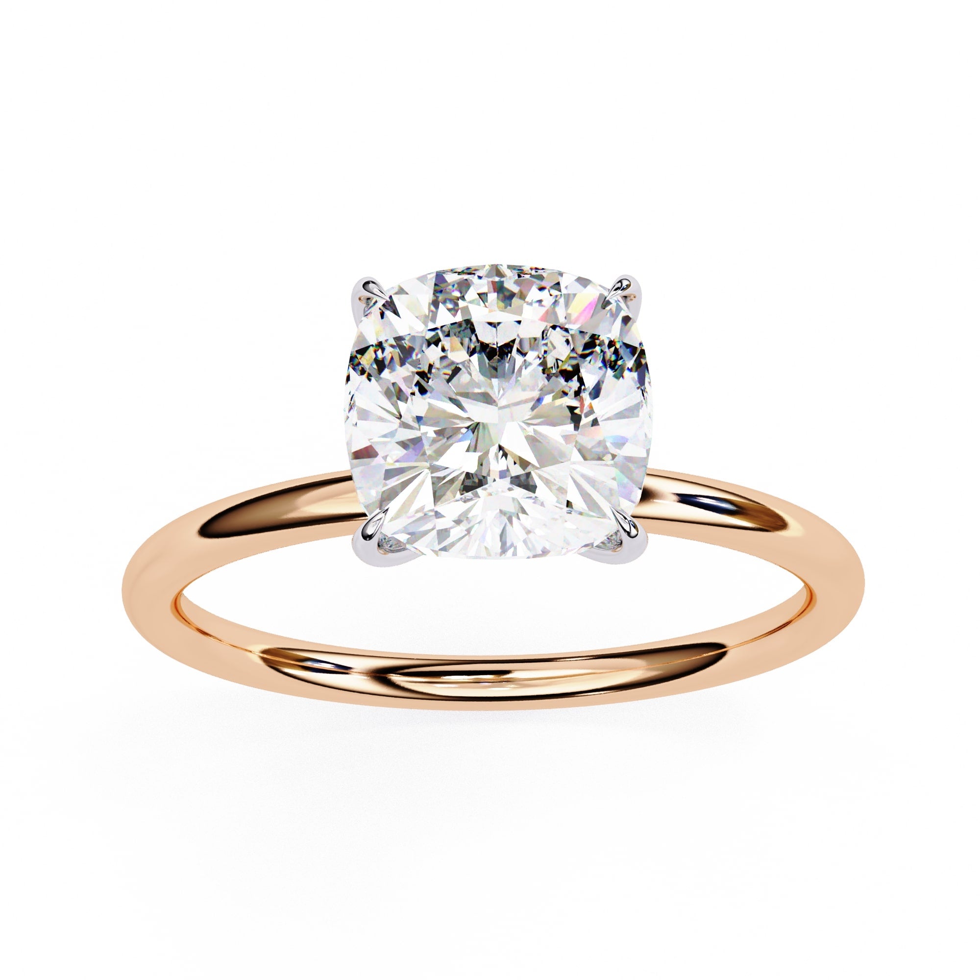 Rose gold ring with a large diamond on a white background