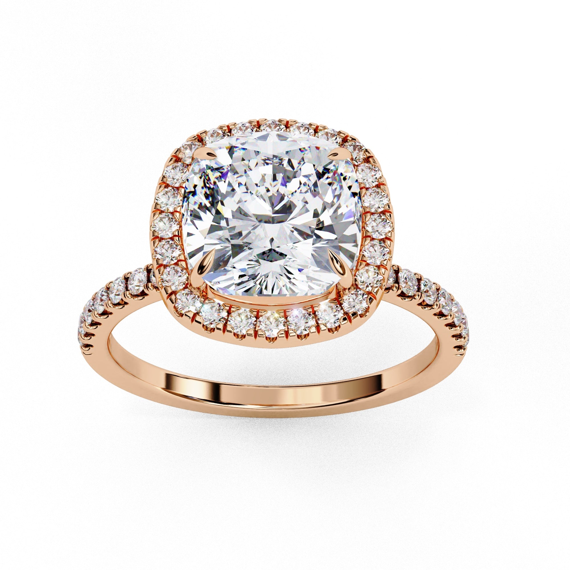 Rose gold ring with a large diamond and smaller diamonds on the band against a white background