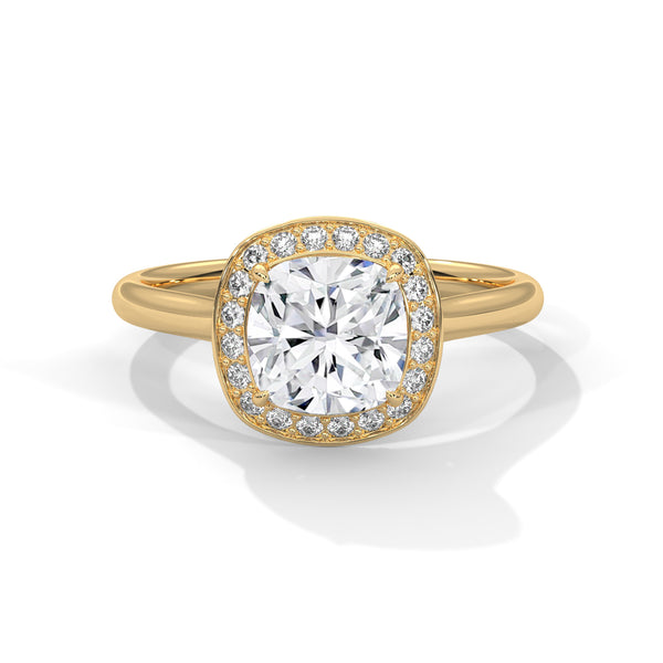 Gold ring with a large diamond and smaller diamonds around on a white background