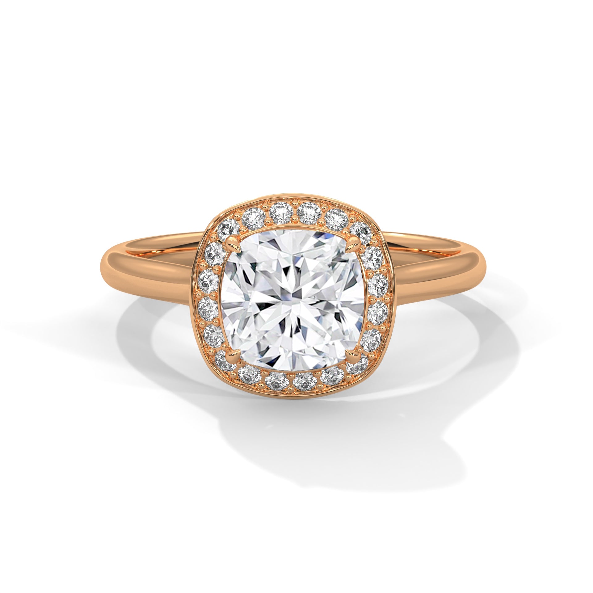 Rose gold ring with a large diamond and smaller diamonds around on a white background