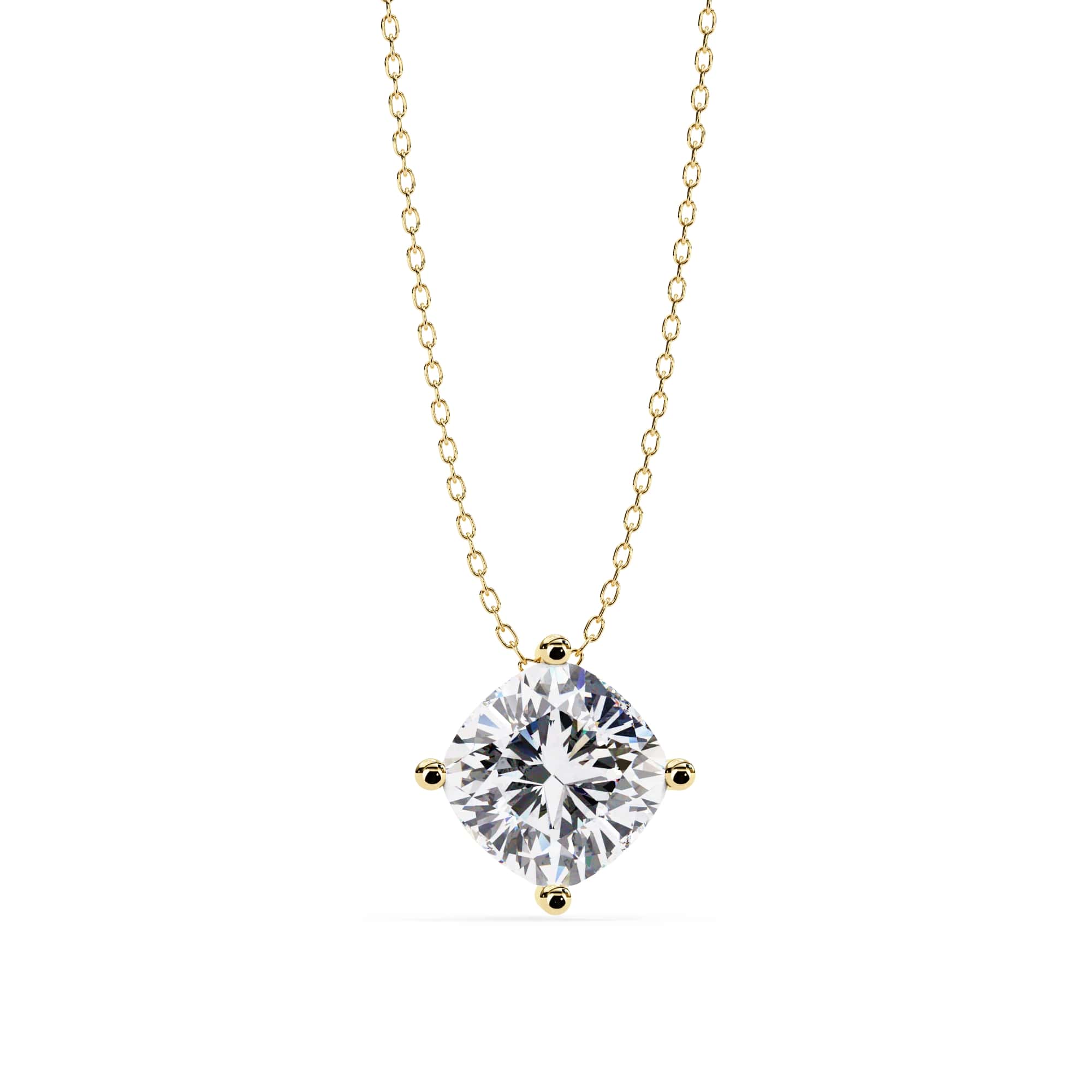 Gold necklace with a square-cut diamond pendant on a white background