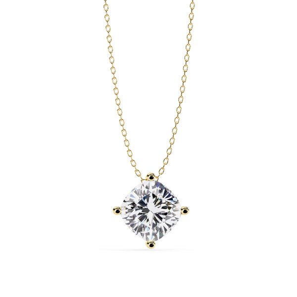 Gold necklace with a square-cut diamond pendant on a white background