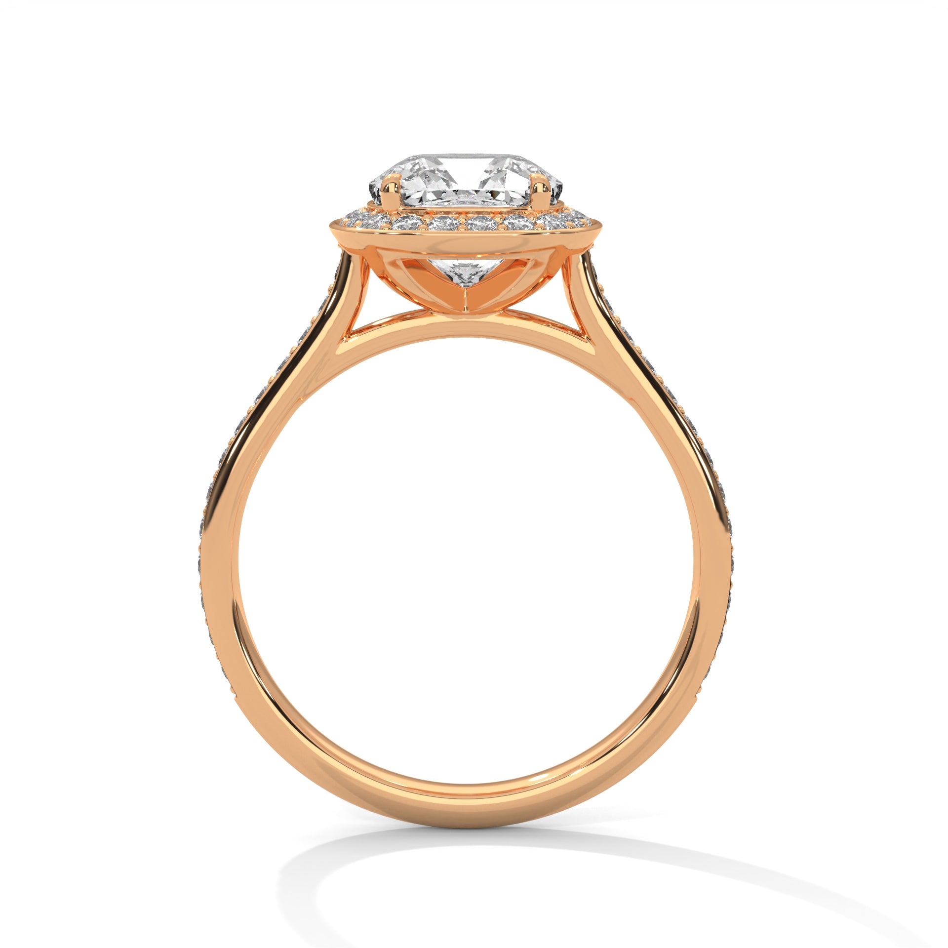 Rose gold ring with a diamond on a white background