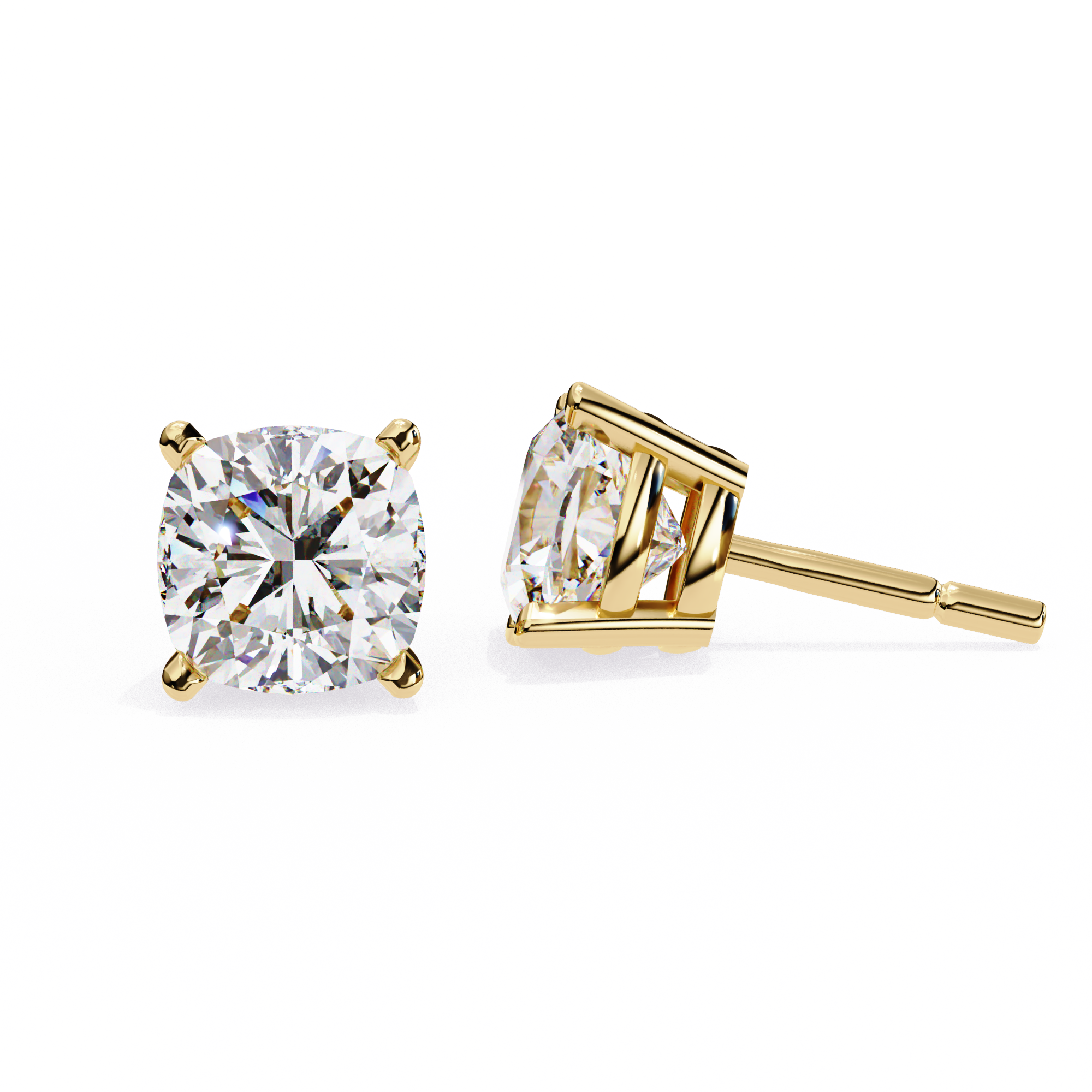 Gold stud earrings with clear gemstones on a white background