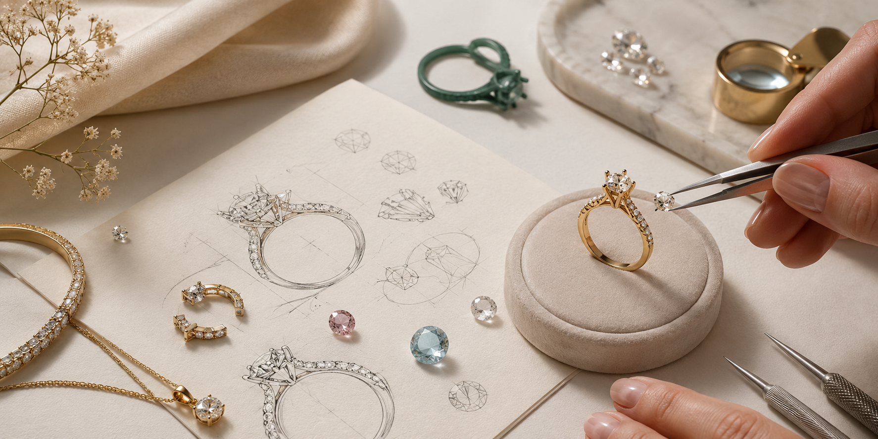Jewelry design process with gold ring on a cushion, tools, and sketches on a table.