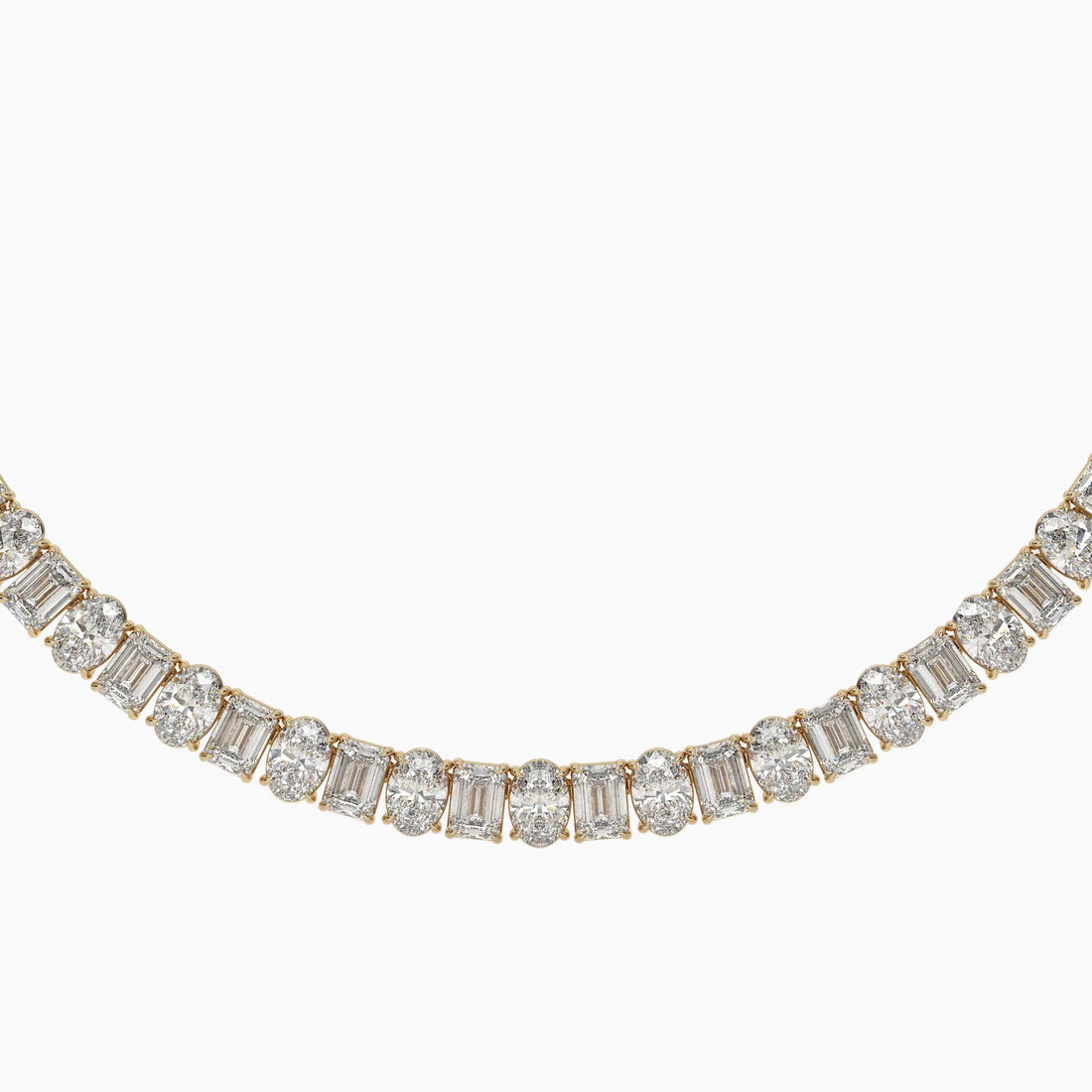 Diamond necklace with baguette-cut stones on a white background